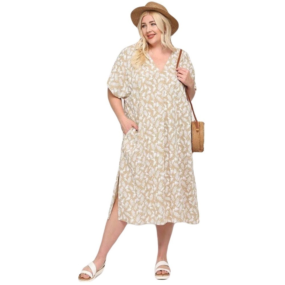 Plus Size V-Neck Midi Dress in Beige Leaf Print